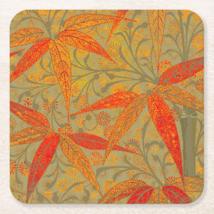 Earthy Bamboo Art Vintage Print Orange Square Paper Coaster