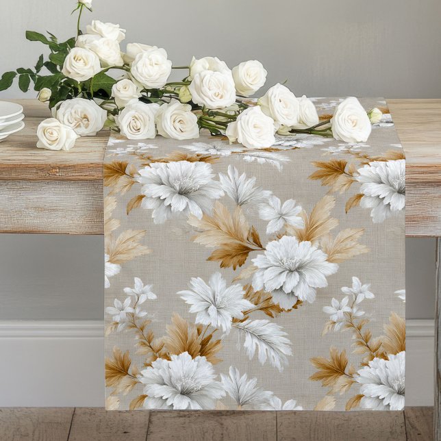 Earthy Beige Ivory White Flowers Table Runner (Earthy Beige Ivory White Flowers Table Runner)