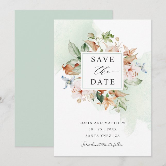 Earthy Blooms and Sage Green Floral Wedding Save T The Date (Front/Back)