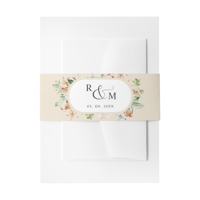 Earthy Blooms Buttery Beige Oval Monogram Wedding Invitation Belly Band (Front Example)