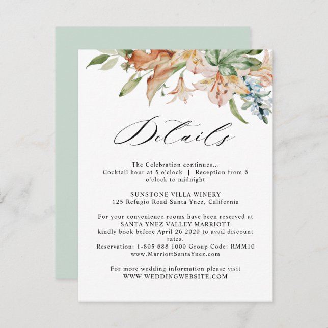 Earthy Blooms Wedding Details White and Green Enclosure Card (Front/Back)