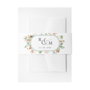 Earthy Blooms White Green Oval Monogram Wedding Invitation Belly Band