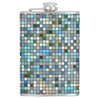 Earthy Blue Square Tiles Pattern Hip Flask