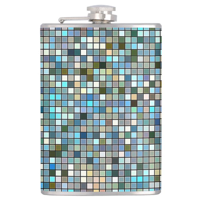 Earthy Blue Square Tiles Pattern Hip Flask (Front)