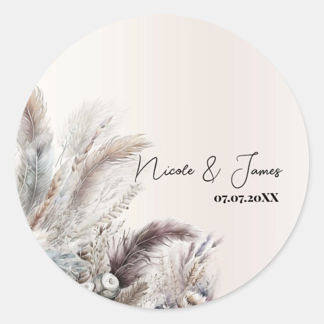 Earthy Bohemian Floral Feathers Wedding Classic Round Sticker (Front)
