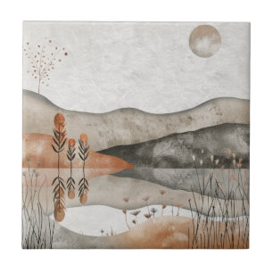 Earthy Bohemian Lake Terracotta Moon Landscape Ceramic Tile