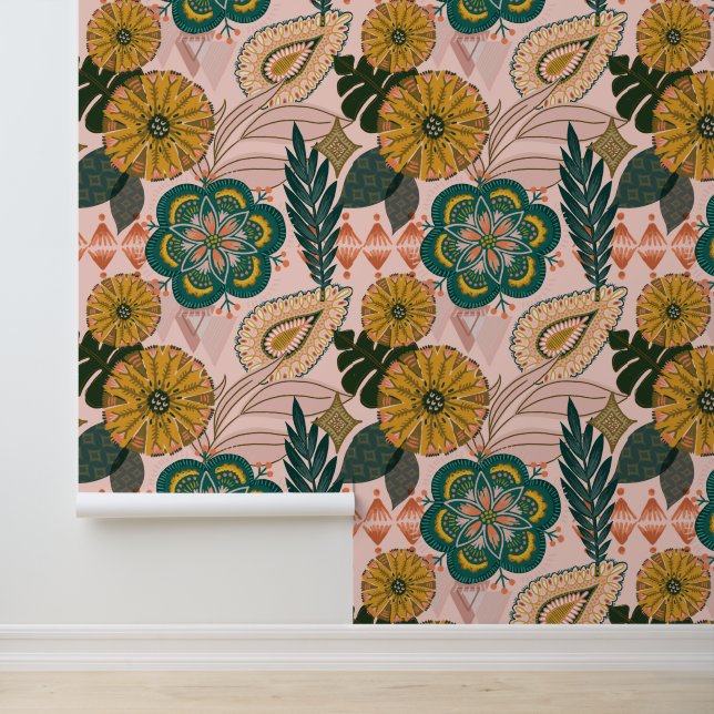 Earthy Bohemian Tropical Floral  Wallpaper (Application)