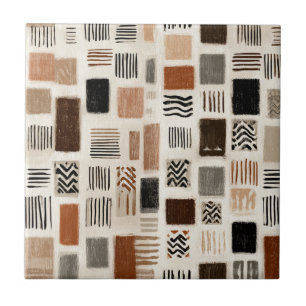 Earthy Boho Abstract Grid - Hand-Drawn Texture Ceramic Tile