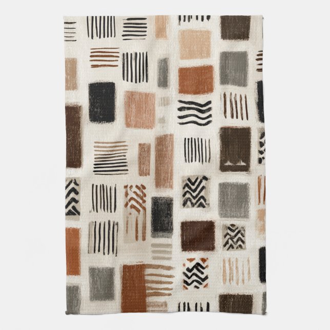 Earthy Boho Abstract Grid - Hand-Drawn Texture Tea Towel (Vertical)