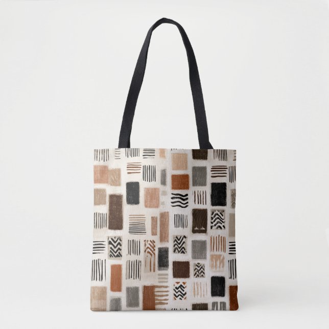 Earthy Boho Abstract Grid - Hand-Drawn Texture Tote Bag (Front)