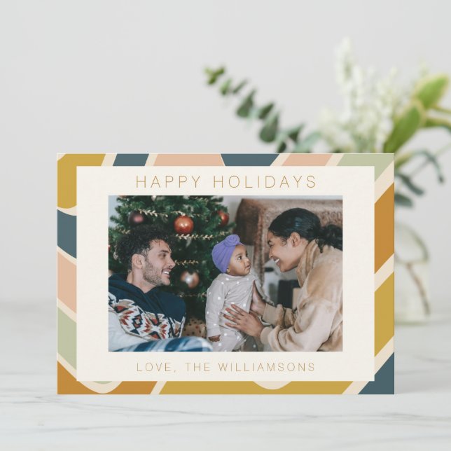 Earthy Boho Abstract Swirl Pastel Custom Photo Holiday Card (Standing Front)