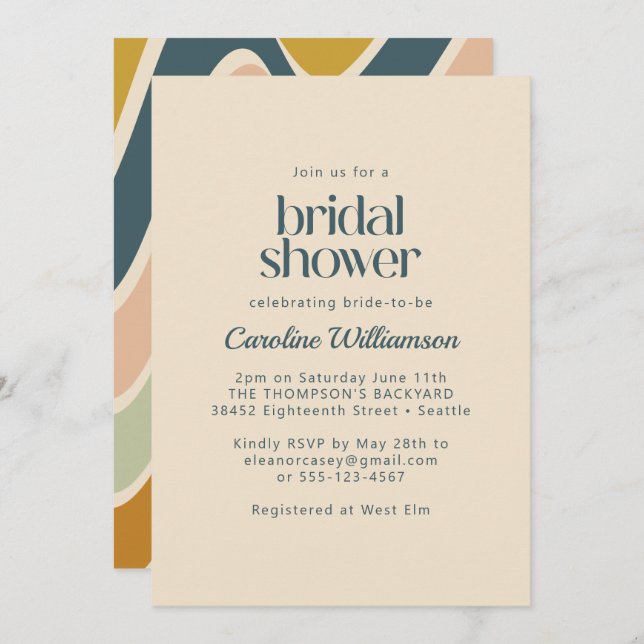 Earthy Boho Abstract Wavy Teal Bridal Shower  Invitation (Front/Back)