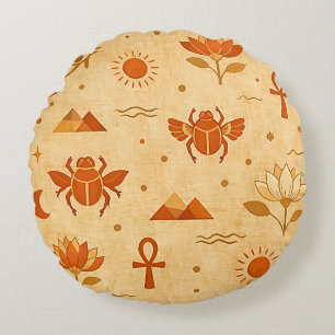 Earthy Boho Egyptian Pattern-Minimalist Pharaonic Round Cushion