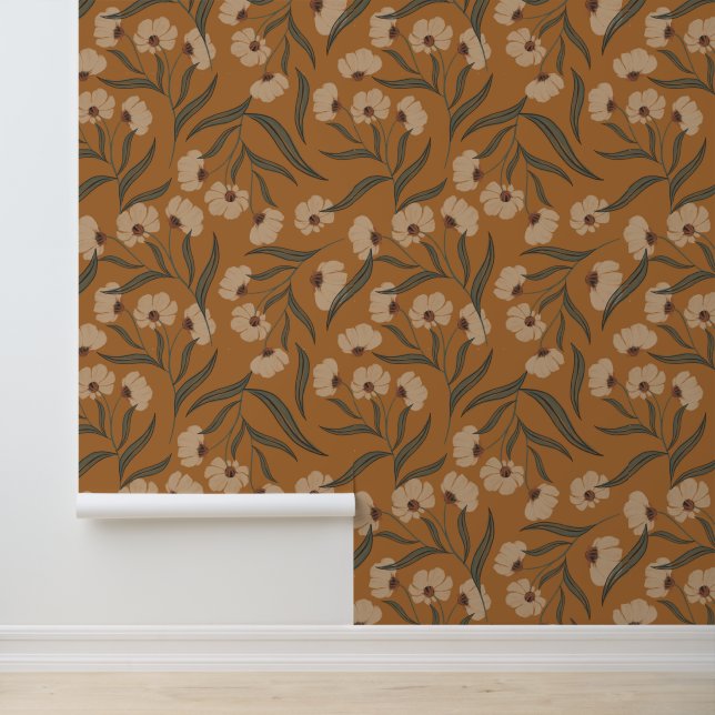 Earthy Boho Floral Copper Brown Wallpaper (Application)