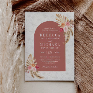Earthy Boho Floral Pampas Cinnamon Rose Wedding Invitation