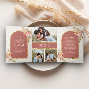 Earthy Boho Floral Pampas Cinnamon Rose Wedding Tri-Fold Invitation