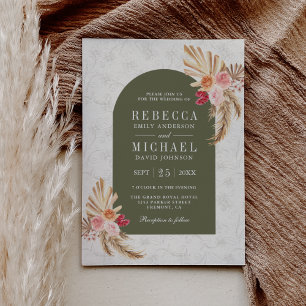 Earthy Boho Floral Pampas Sage Green Wedding Invitation