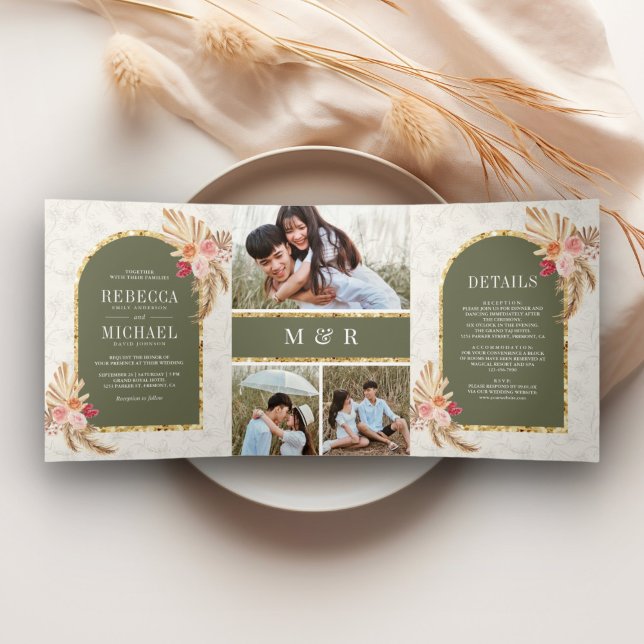 Earthy Boho Floral Pampas Sage Green Wedding Tri-Fold Invitation (Creator Uploaded)