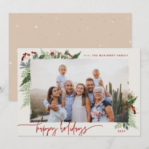 Earthy Boho Greenery Burgundy Beige Photo Holiday Card
