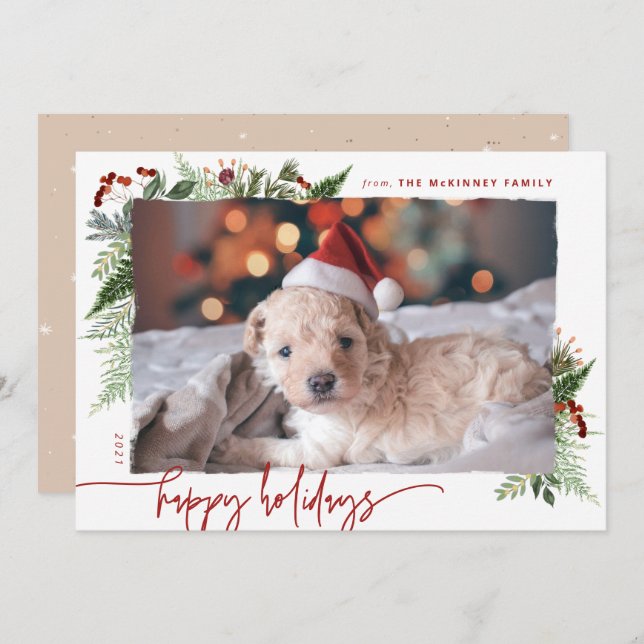 Earthy Boho Greenery Burgundy Beige Photo Holiday Card (Front/Back)