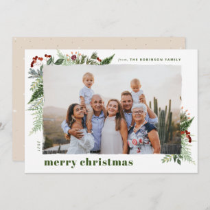 Earthy Boho Greenery Dry Brush Christmas Photo Holiday Card