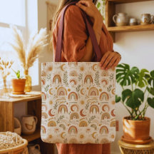 Earthy Boho Rainbow and Botanical Canvas Tote Bag