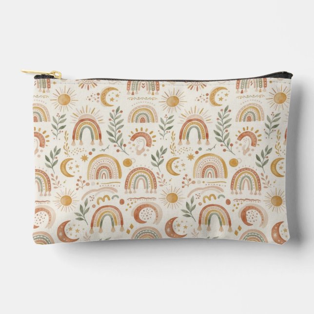 Earthy Boho Rainbow and Botanical Makeup Pouch (Front)