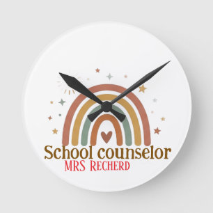 Earthy Boho Rainbow School Counsellor  Sign Round Clock