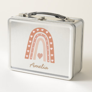 Earthy Boho Rainbow with hearts Personalised  Metal Lunch Box