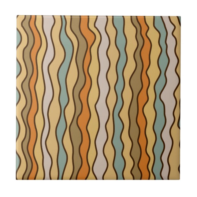 Earthy Boho Retro Wavy Stripe  Ceramic Tile (Front)