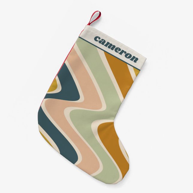 Earthy Boho Wavy Lines Retro Pastels Personalised  Small Christmas Stocking (Front (Hanging))