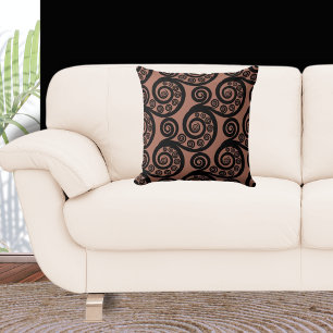 Earthy Bronze & Black Fern Frond Swirl Cushion