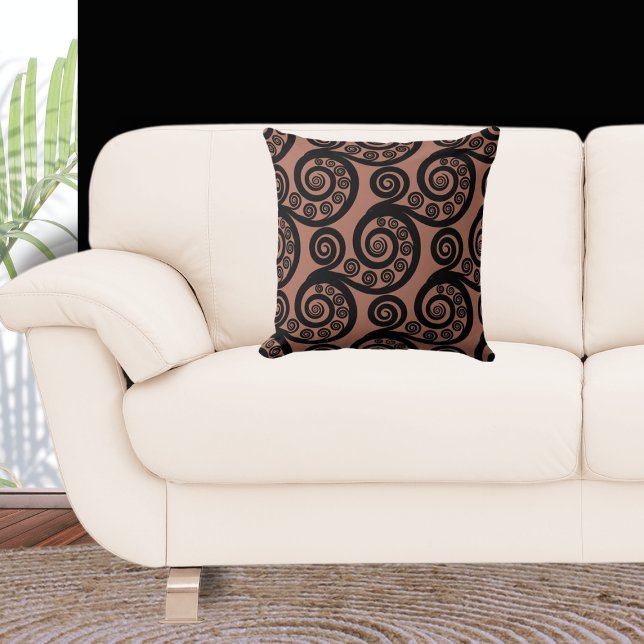 Earthy Bronze & Black Fern Frond Swirl Cushion (Curl Pattern)