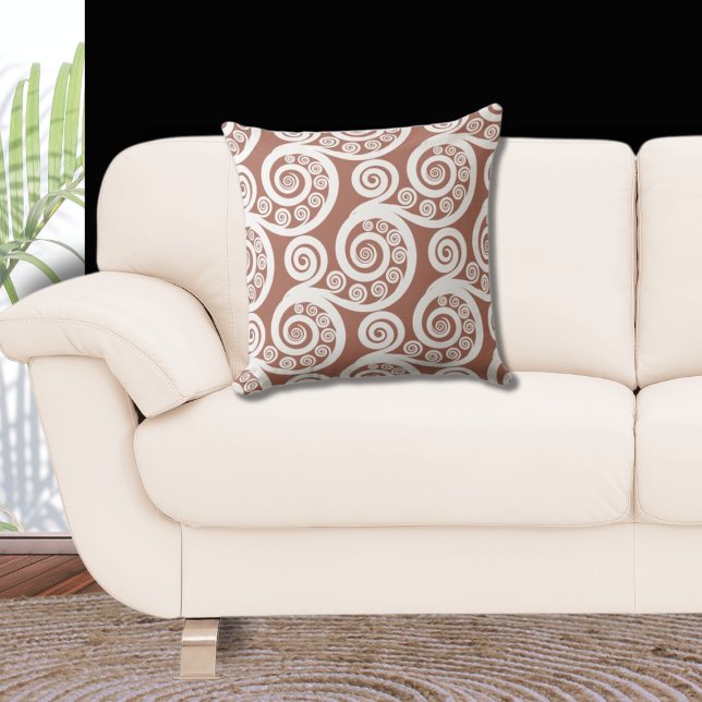 Earthy Bronze & White Koru Curl Pattern Cushion (Curl Pattern, Brown and White)