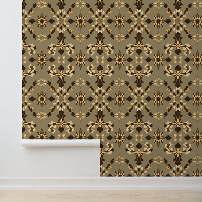 Earthy Brown and Beige Floral Pattern Wallpaper (Application)