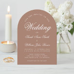 Earthy Brown Arch Simple Calligraphy Wedding Invitation<br><div class="desc">A simple,  minimalist wedding invitation. It has only white text on a background in an earthy colour,  a modern shade of brown. The word Wedding and the names are written in an elegant calligraphic script. Above the word Wedding there is arched text.</div>