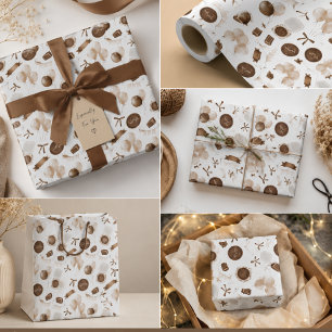 Earthy Brown Balloon & Bento Cake Birthday Wrapping Paper Sheet
