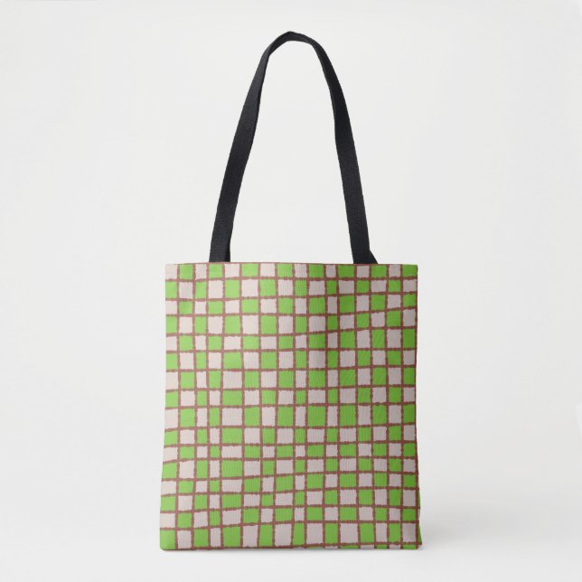 Earthy Brown Green Chequered Chequerboard Pattern Tote Bag (Front)