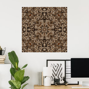 Earthy Brown Swirl Mandala with Woodgrain Effect Poster