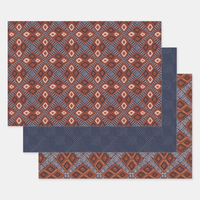 Earthy Browns and Blue Mud Cloth Style Wrapping Paper Sheet (Set)