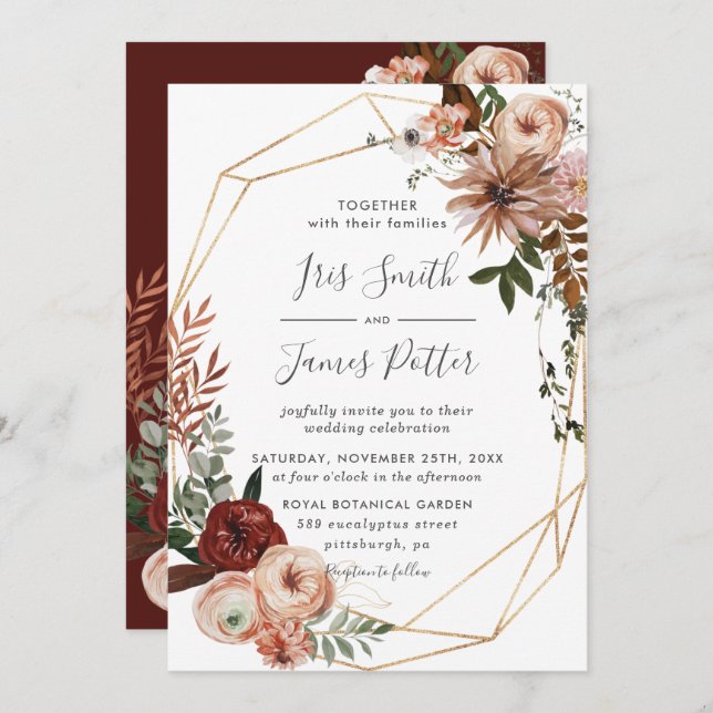 Earthy Burgundy Blush Orange Greenery Fall Wedding Invitation (Front/Back)
