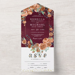 Earthy Burnt Orange Floral Burgundy Wedding All In One Invitation