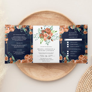 Earthy Burnt Orange Floral Navy Blue Wedding Tri-Fold Invitation