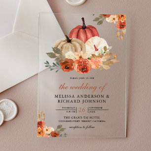 Earthy Burnt Orange Floral Pumpkin Wedding Acrylic Invitations