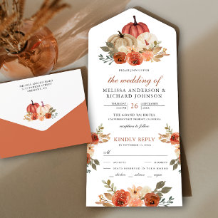 Earthy Burnt Orange Floral Pumpkin Wedding All In One Invitation