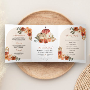 Earthy Burnt Orange Floral Pumpkin Wedding Tri-Fold Invitation