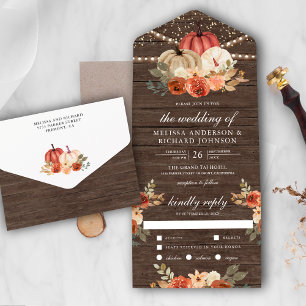 Earthy Burnt Orange Floral Pumpkin Wood Wedding All In One Invitation