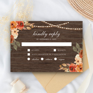 Earthy Burnt Orange Floral Wood Terracotta Wedding RSVP Card