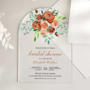 Earthy Burnt Orange Roses Bouquet Bridal Shower Acrylic Invitations