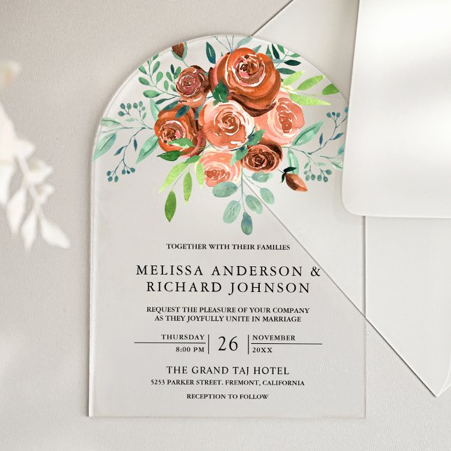 Earthy Burnt Orange Roses Bouquet Floral Wedding Acrylic Invitations (Creator Uploaded)